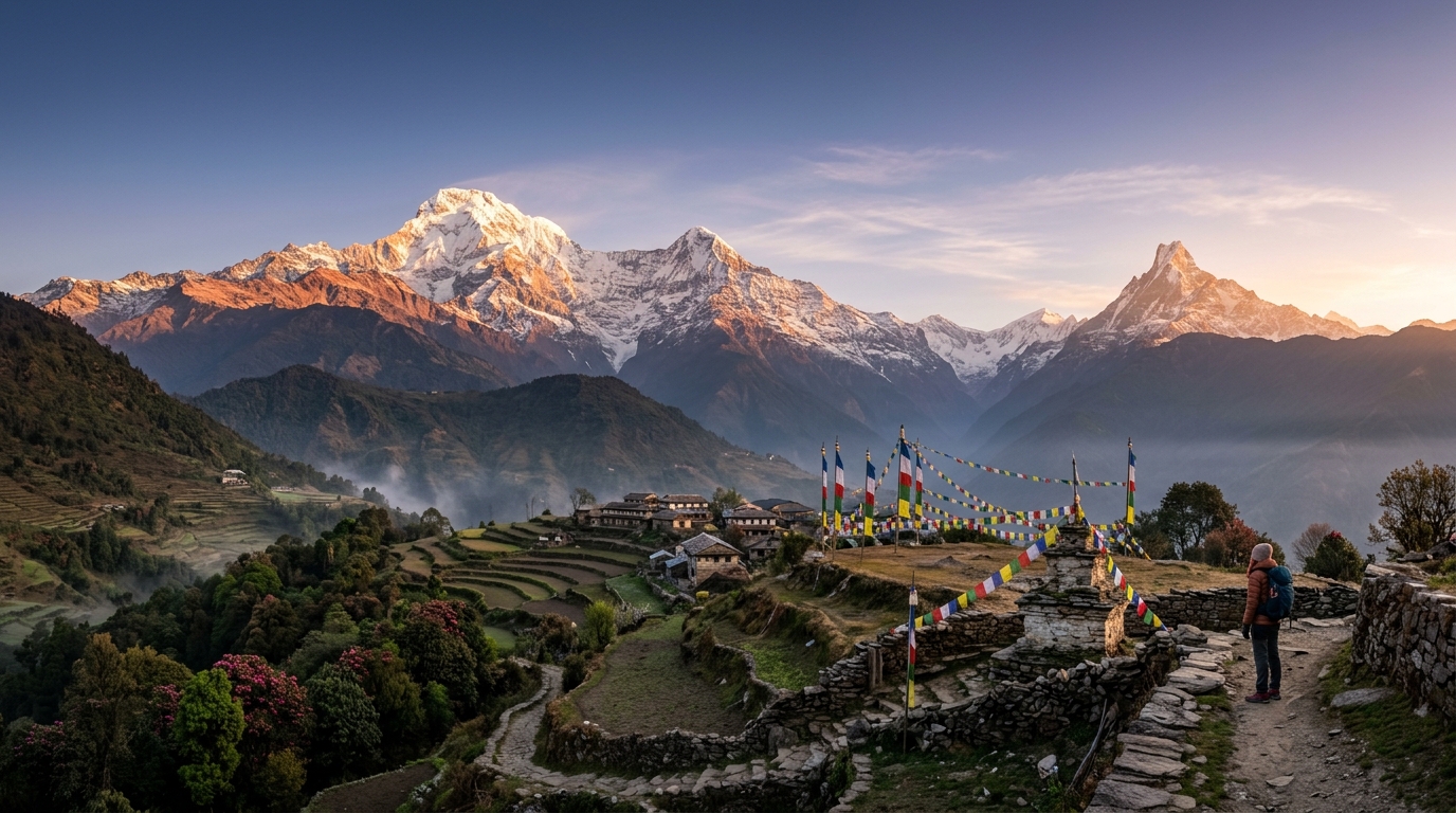 Snow-capped Annapurna Himalayan peaks and prayer flags at dawn