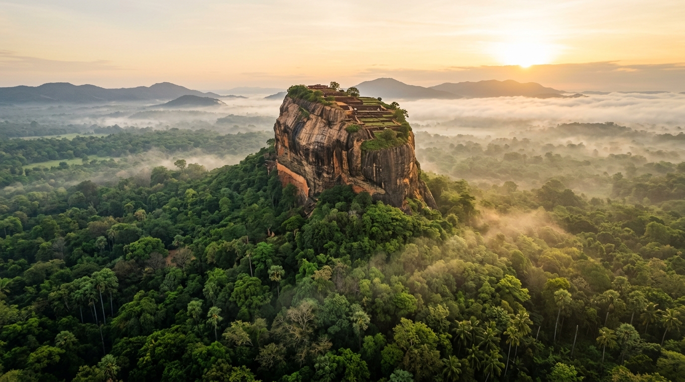 Sigiriya Lion Rock rising above emerald rainforests